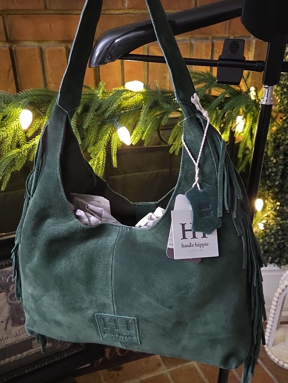 Haute Hippie Dark Green Suede Hobo Bag with Fringe NWT - Picture 14 of 17